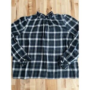 Birds of Paradis Trovata Ruffled Mock Neck Long Sleeve Top Navy Green Plaid S